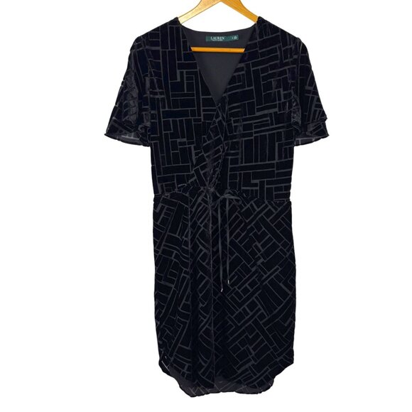 Lauren Ralph Lauren Black Velvet Burnout Dress Drawstring V Neck Size 6 READ - Picture 1 of 10